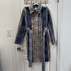 CAbi Multicolor Plaid Trench Coat w/ Gold Buttons